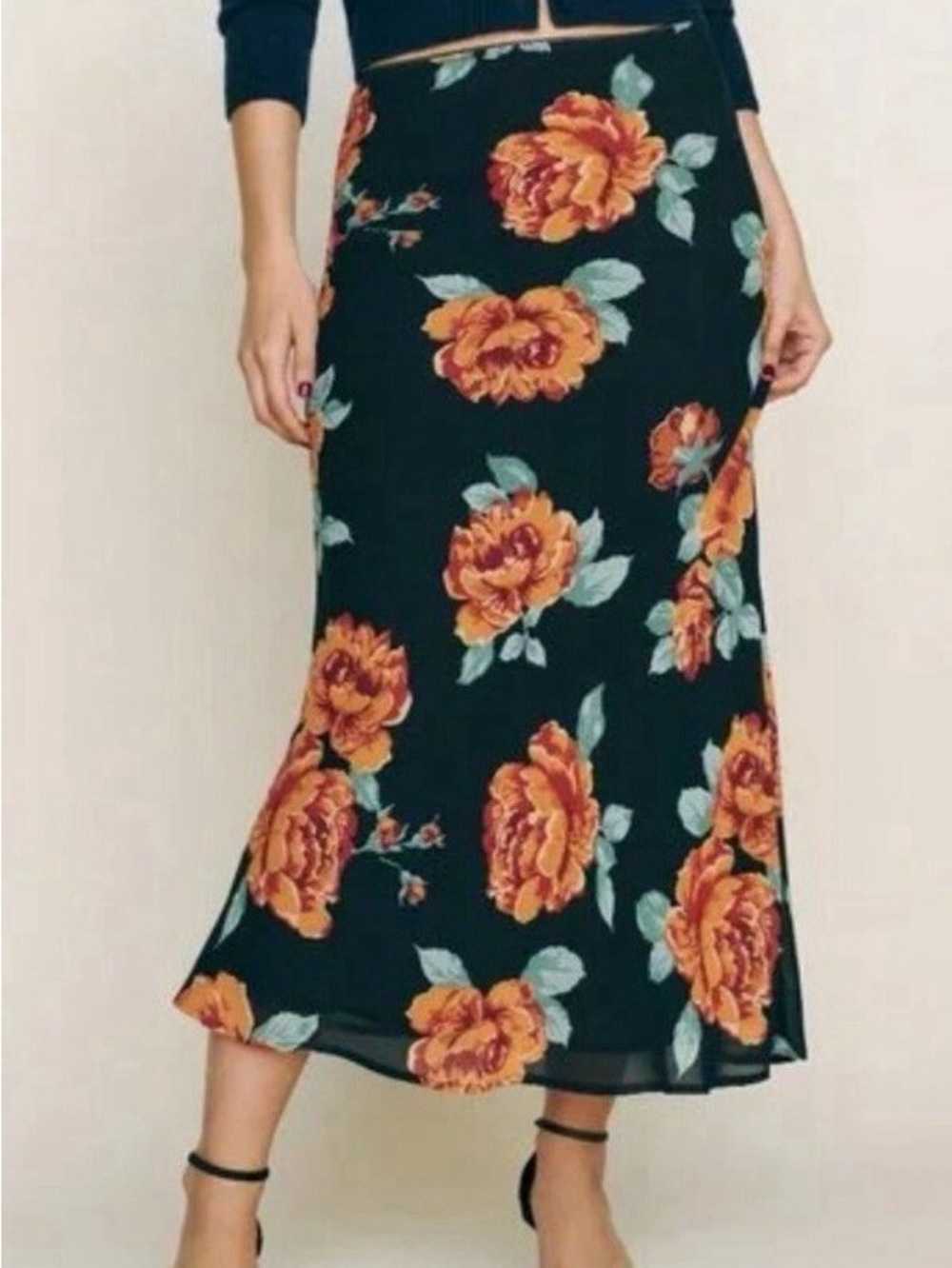 NWT Reformation Layla Black Midi Skirt with Orange Floral Print Color: Consuelo